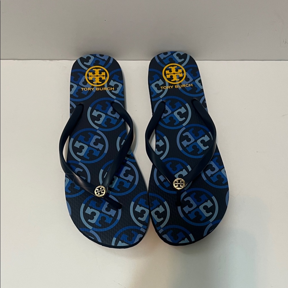Tory Burch Navy and Yellow Logo Pattern Flip Flops - Women’s Size 10